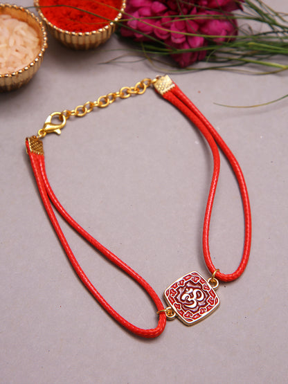 Traditional Om Designer Rakhi With Dual Red Cord And Enamel Finish Motif