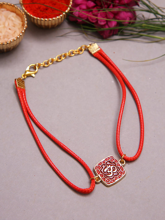 Traditional Om Designer Rakhi With Dual Red Cord And Enamel Finish Motif