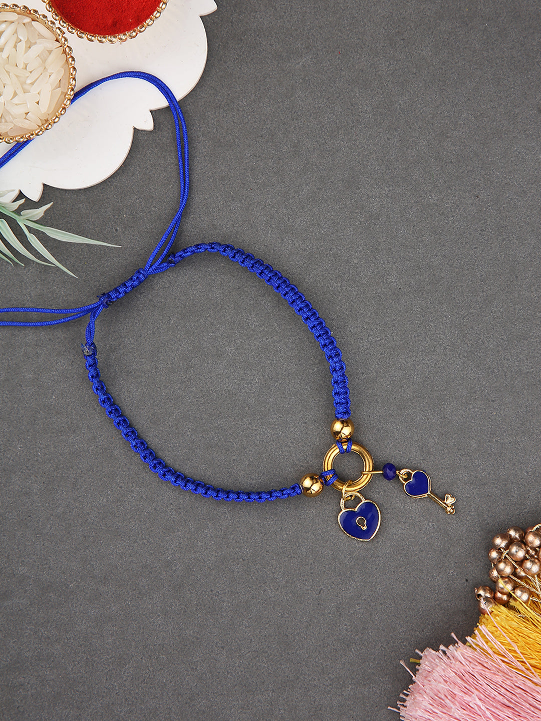 Adjustable Beaded Bracelet Rakhi with Heart Lock Motif