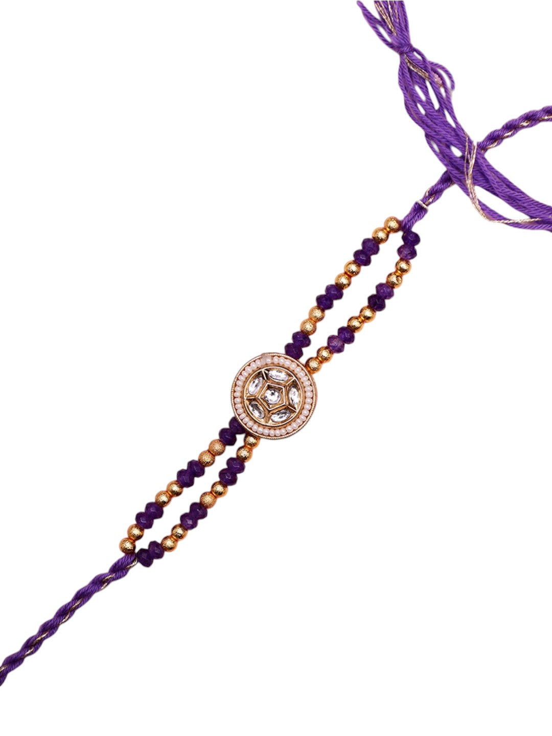 Elegant Dual-Strand Rakhi with Crystal Floral Center in Royal Purple