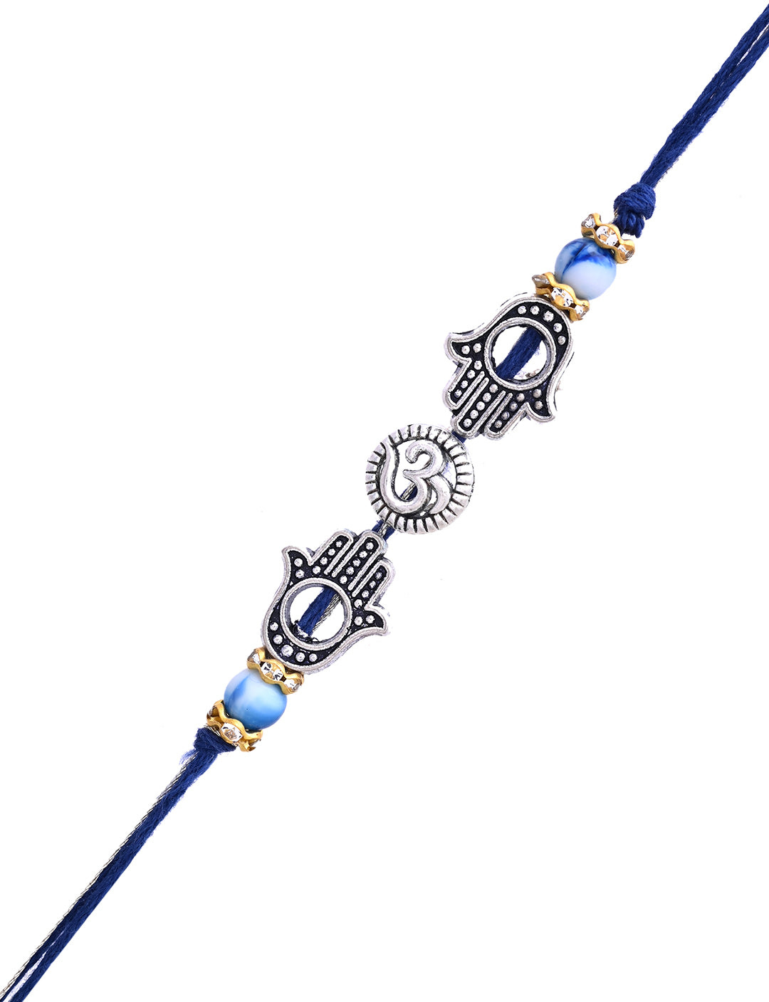 A Rakhi with double Hamsa hands and a central heart sun motif, with silver and blue accents.