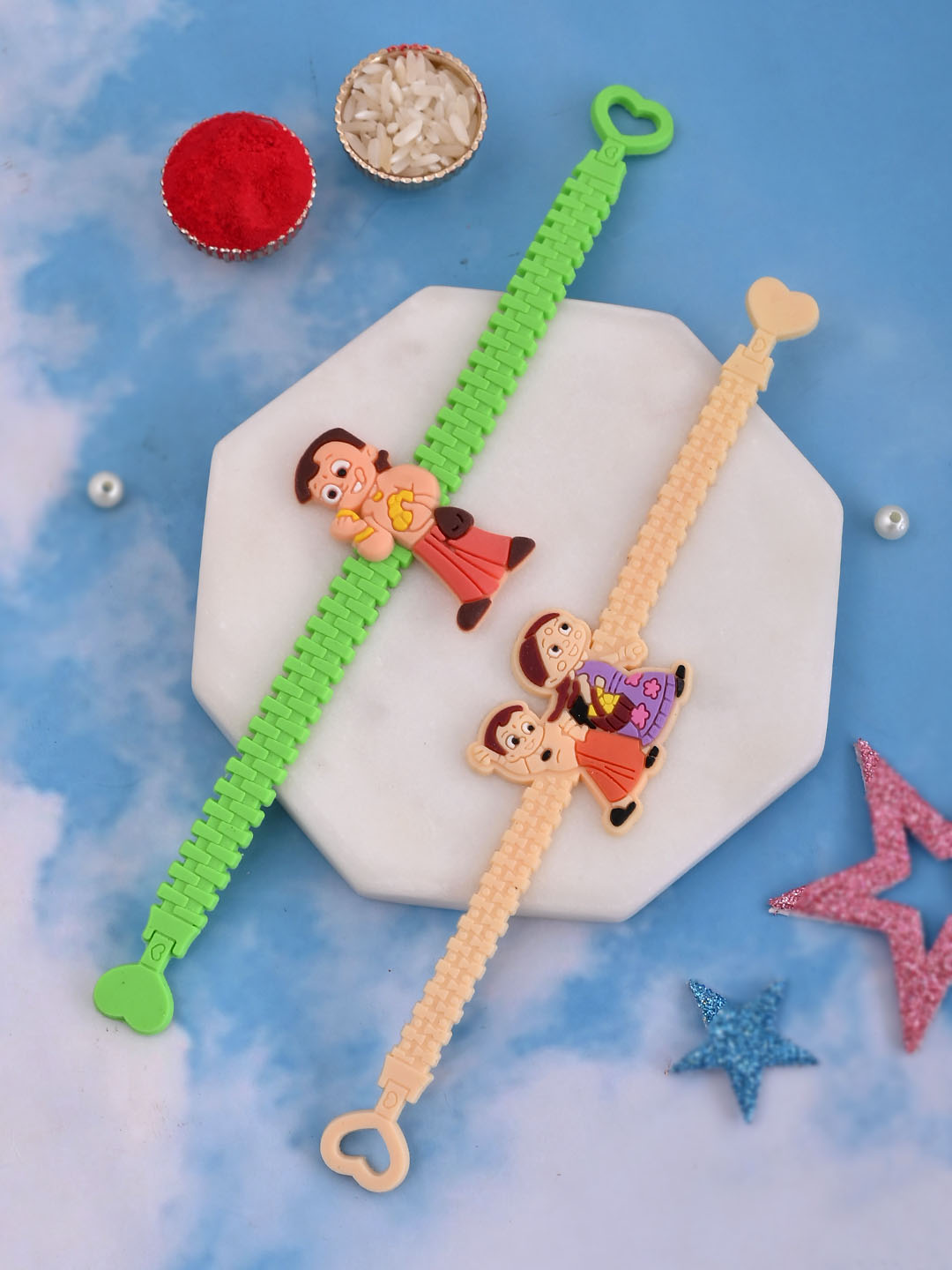 Green & Peach Chota Bheem & Chutki Rakhi Set of 2