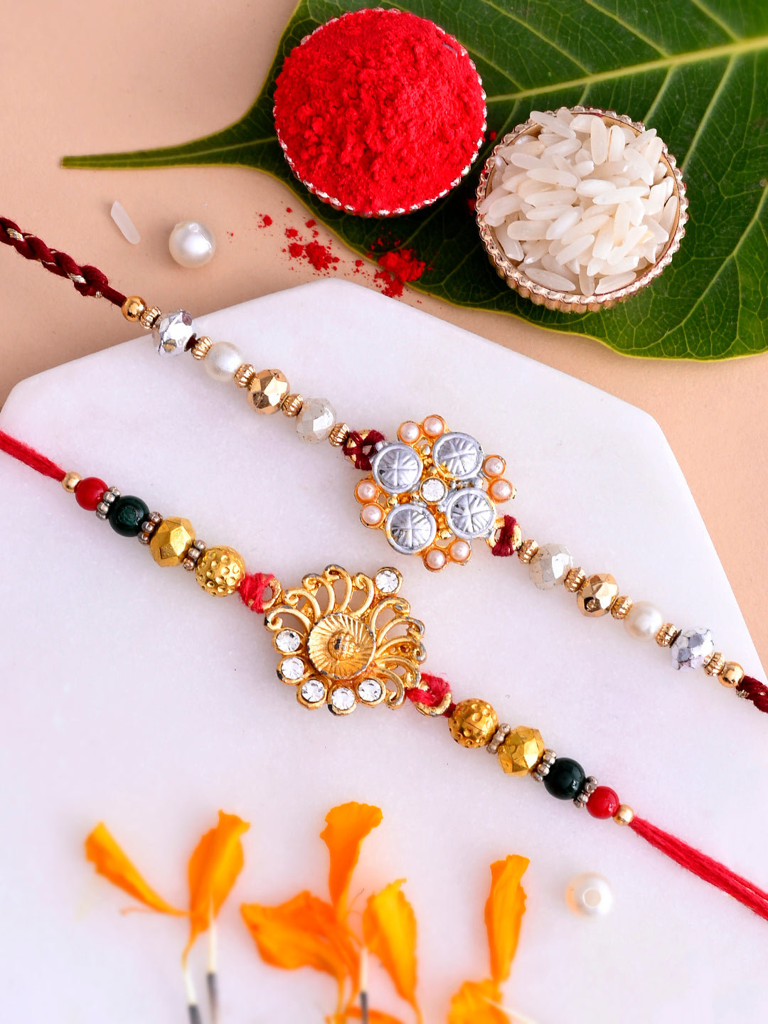Set of 2 AD Floral Pattern Beaded Rakhi