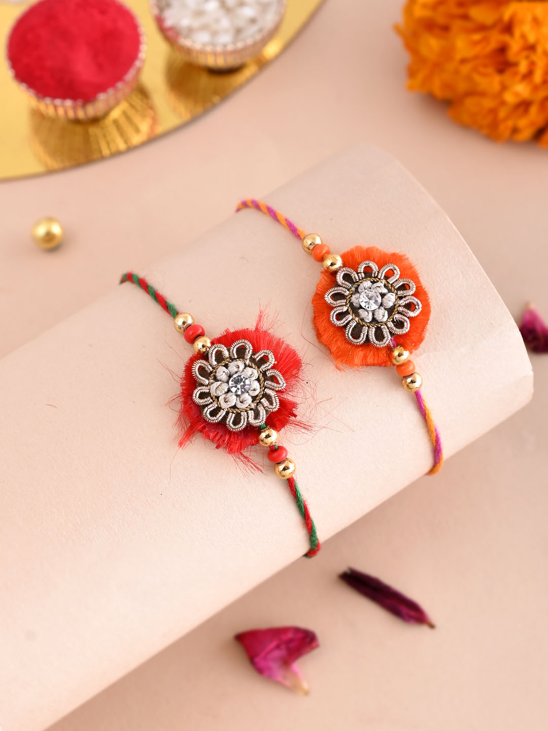 Orange & Red Floral Set of 2 Rakhi