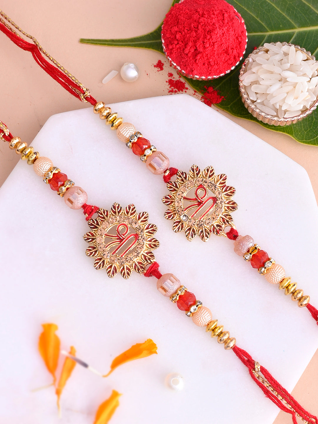 Shri Designed Gold & Red Set of 2 Rakhi