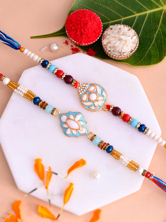 Set of 2 White & Blue Eanameled Multi Beaded Rakhi