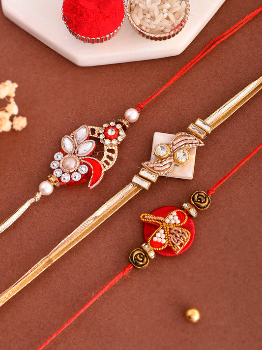 Designer Stones and Zardosi Work Set of 3 Bhaiya Bhabhi Rakhi