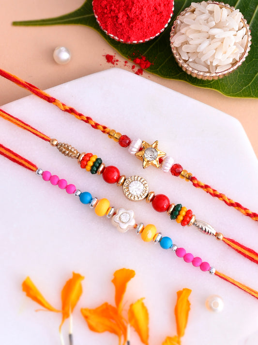 Multicolored Beads & Floral set of 3 Mauli Rakhi