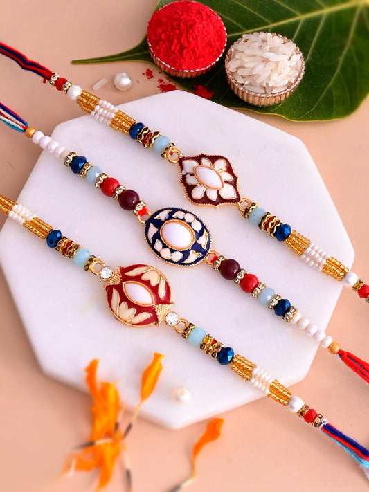 Set of 3 White Floral Enameled Multistrand Rakhi