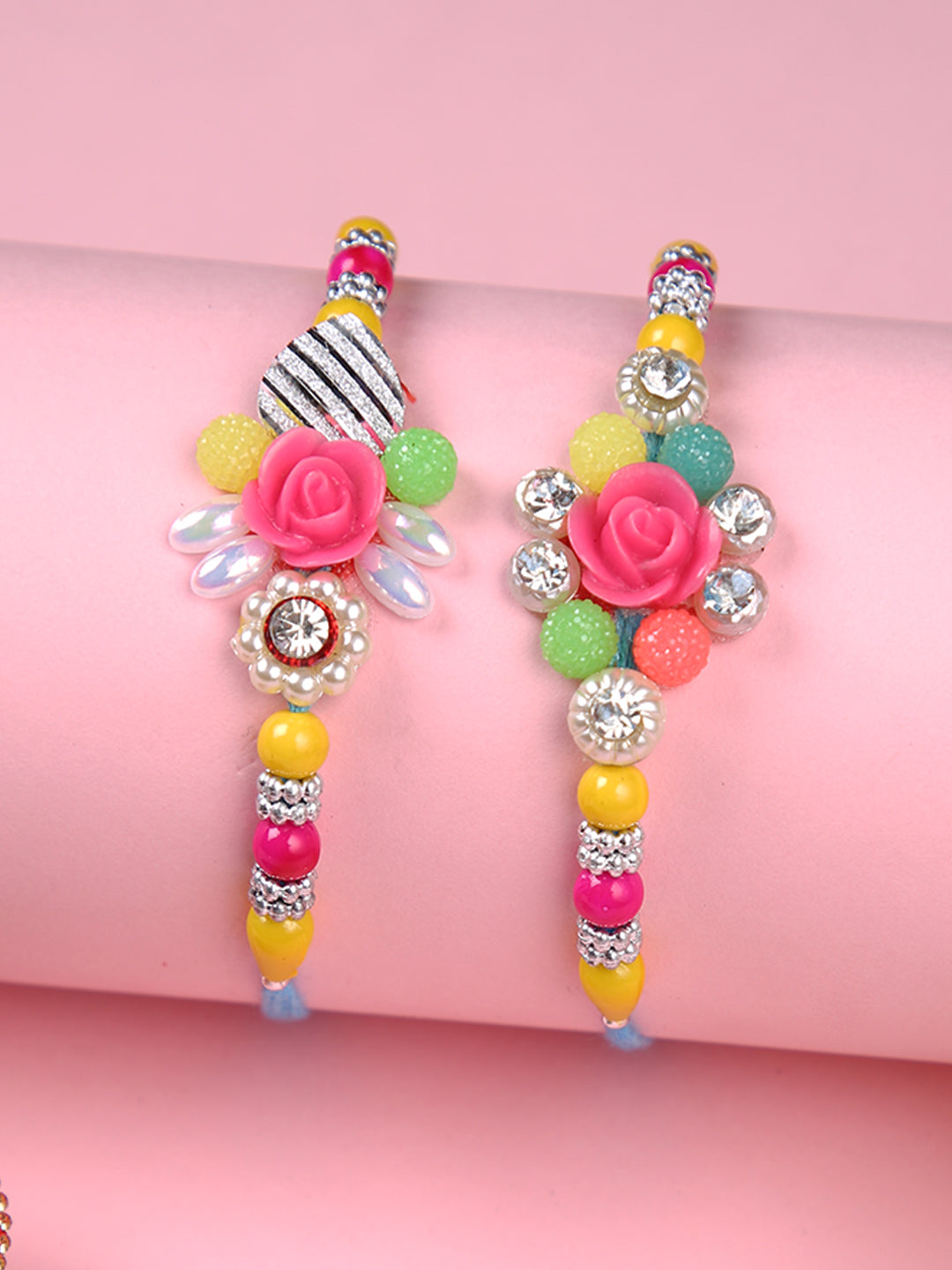 Pink Floral Multibeaded Set of 2 Rakhi