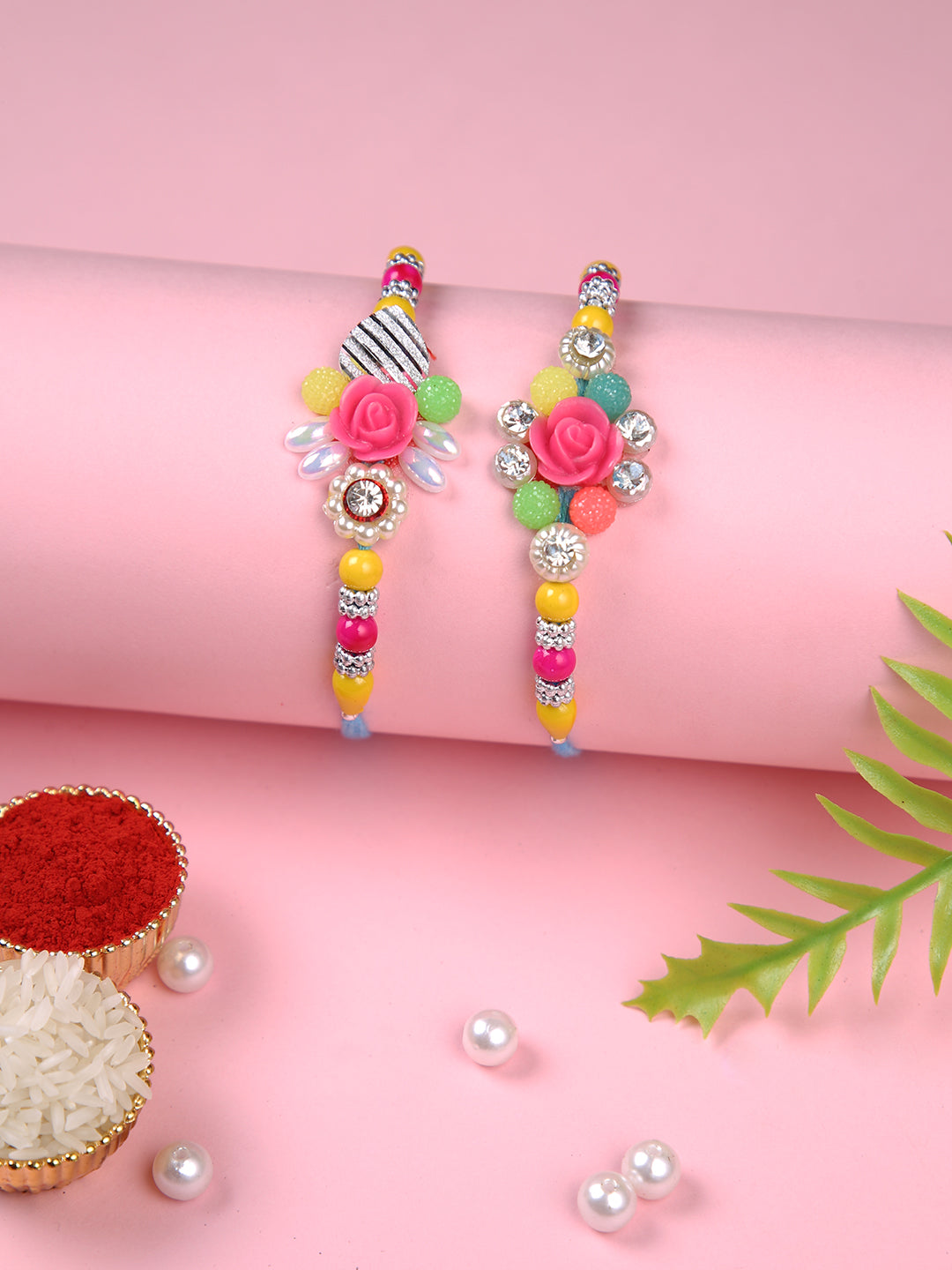 Pink Floral Multibeaded Set of 2 Rakhi