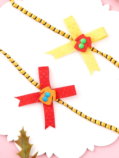 Set of 2 Yellow & Red Ribbon Work Rakhi