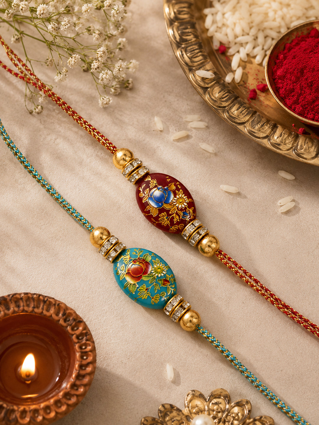 Set of 2 Floral Enamel work Rakhi With American Diamonds