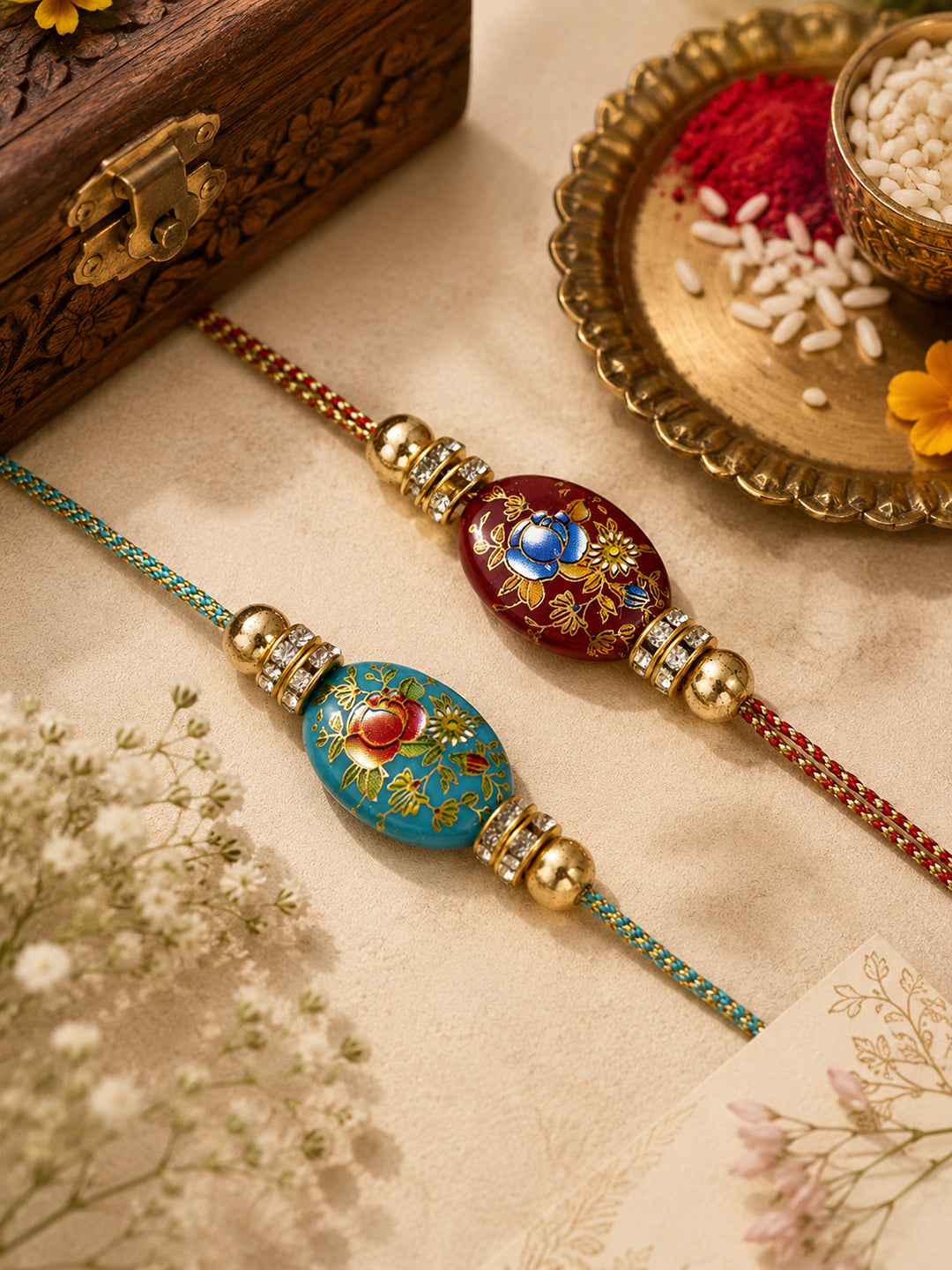 Set of 2 Floral Enamel work Rakhi With American Diamonds