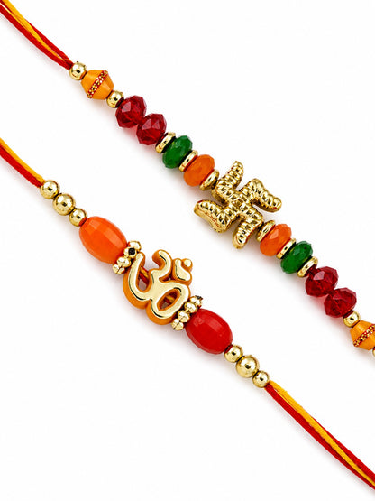 Set of 2 Colorful Beads & Divine Rudraksh Mauli Thread Rakhi