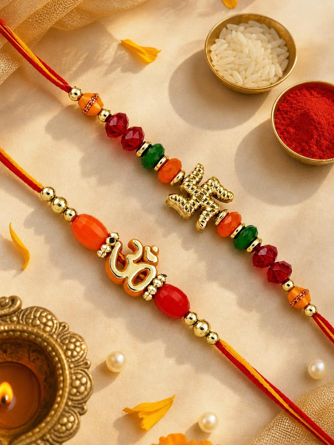 Set of 2 Colorful Beads & Divine Rudraksh Mauli Thread Rakhi
