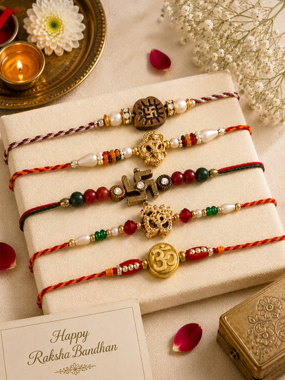 Set of 5 Traditional Sandalwood Beads Mauli Rakhi