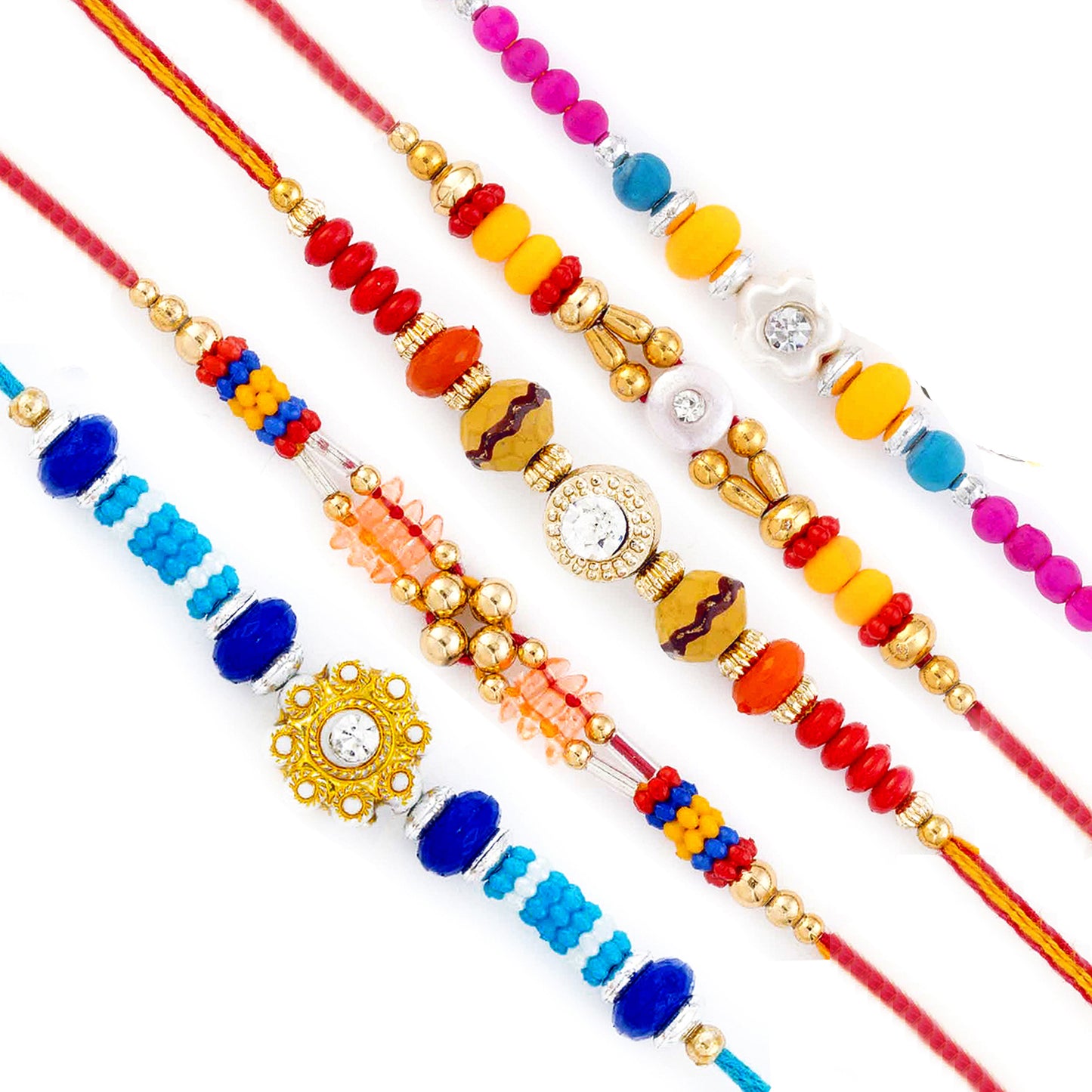 Set of 5 Enticing Zardosi and Resham Work Rakhi
