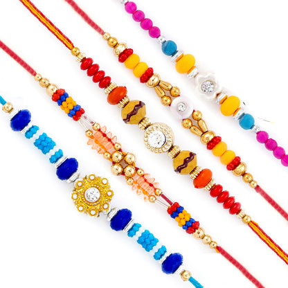 Set of 5 Enticing Zardosi and Resham Work Rakhi