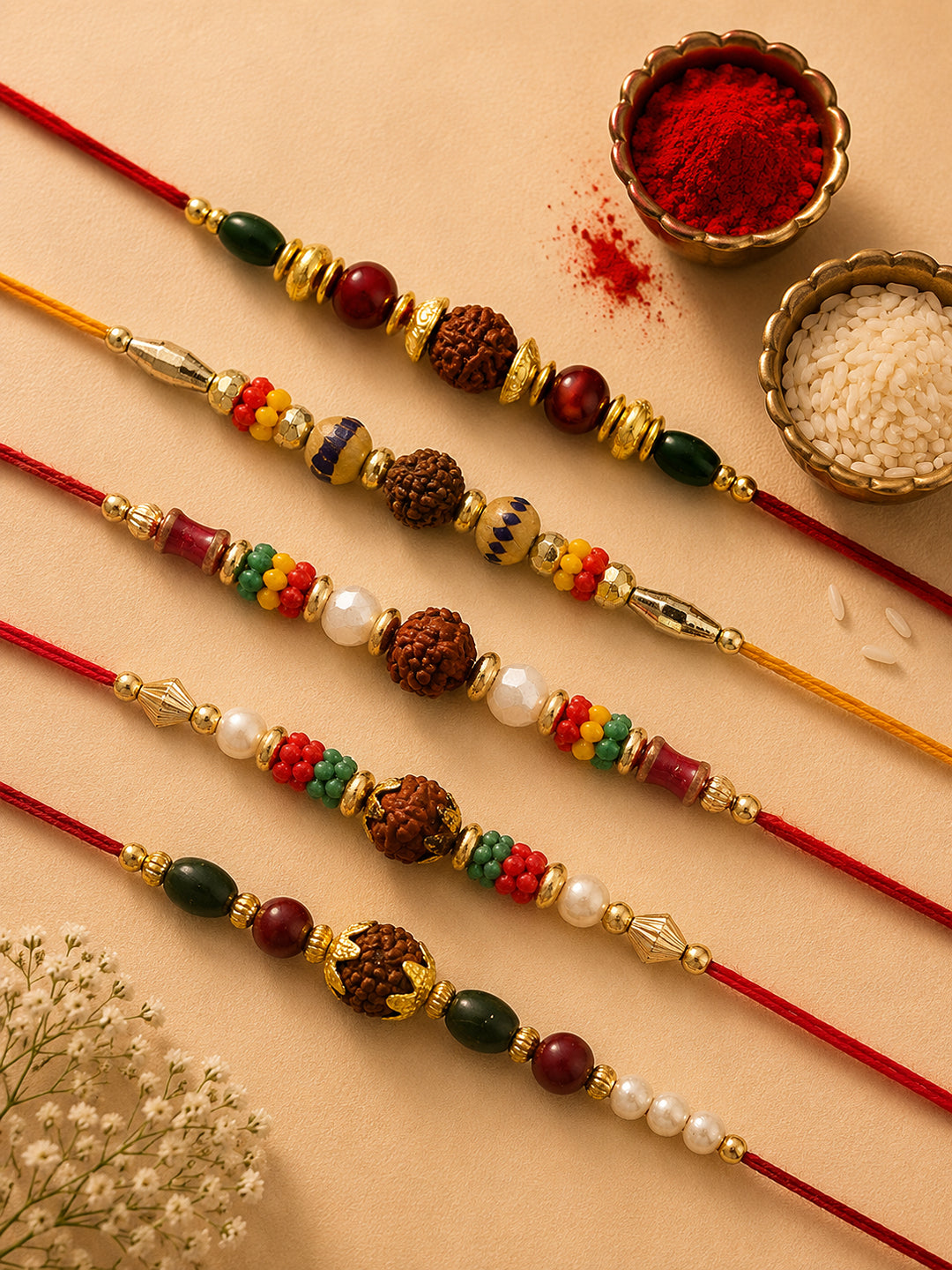 Set of 5 Divine Motif Mauli Thread Rakhi