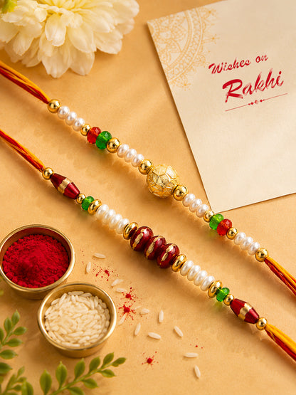 Set of 2 Coloured and Golden Beads Thread Rakhi
