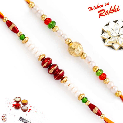 Set of 2 Coloured and Golden Beads Thread Rakhi