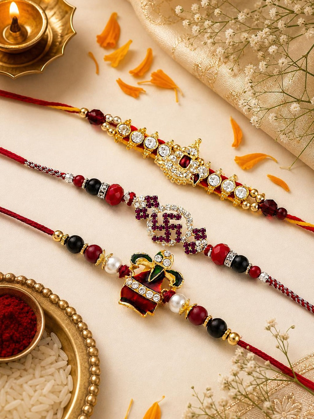 Set of 3 American Diamond Stud Divine Rakhi