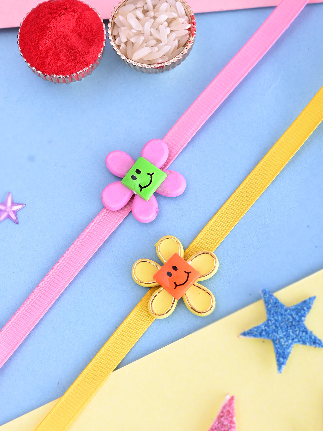 Set of 2 Pink & Yellow Floral Smiley Rakhi