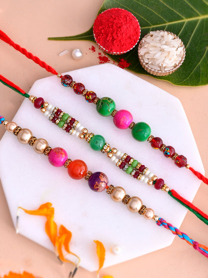 Set of 3 Multicolored Beaded & Pearl Rakhi