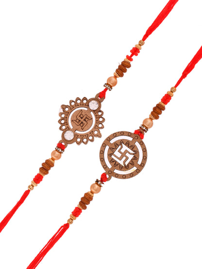 Pair of Wooden Swastik Rakhis with Beads