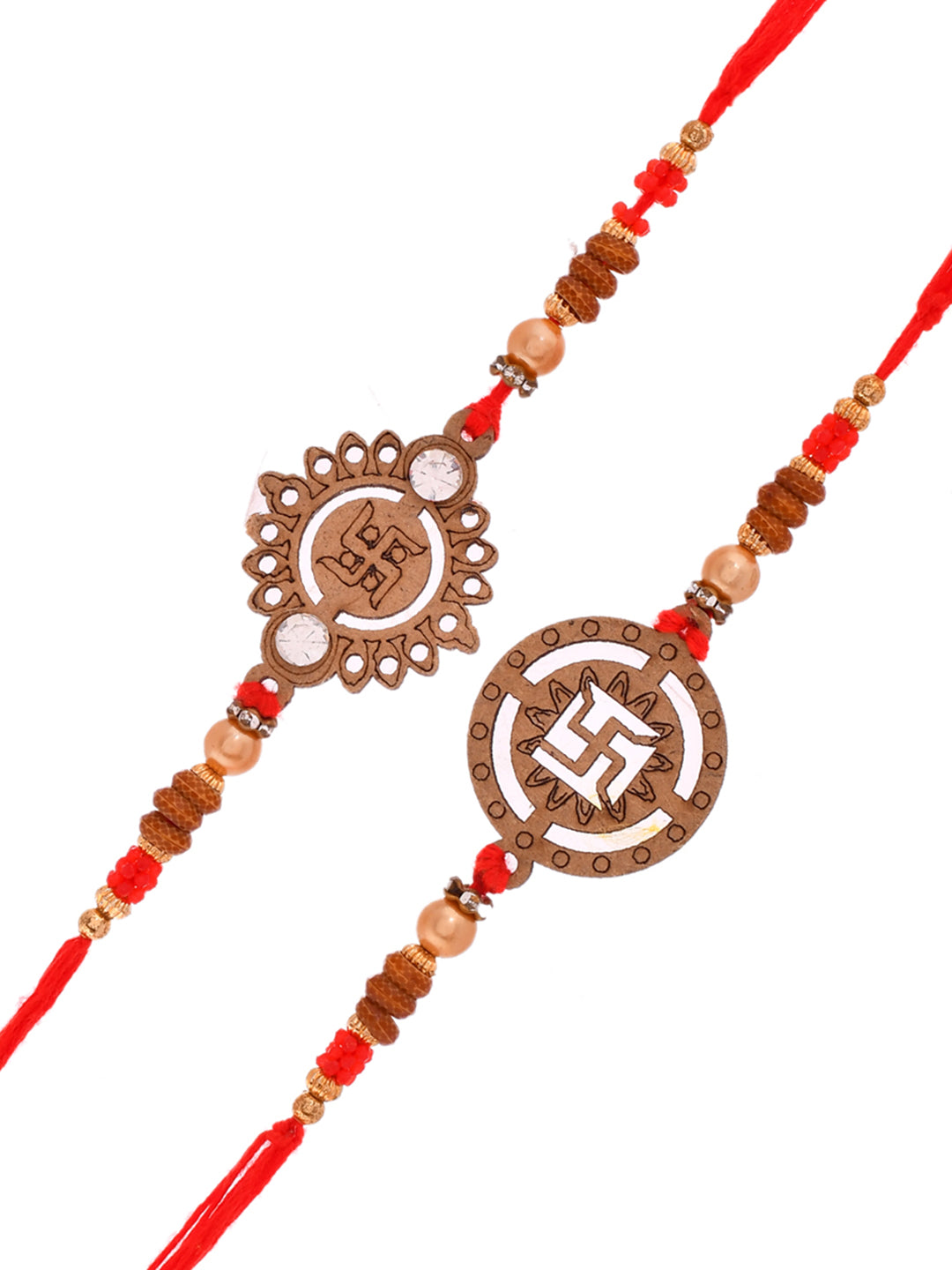 Pair of Wooden Swastik Rakhis with Beads