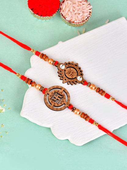 Pair of Wooden Swastik Rakhis with Beads