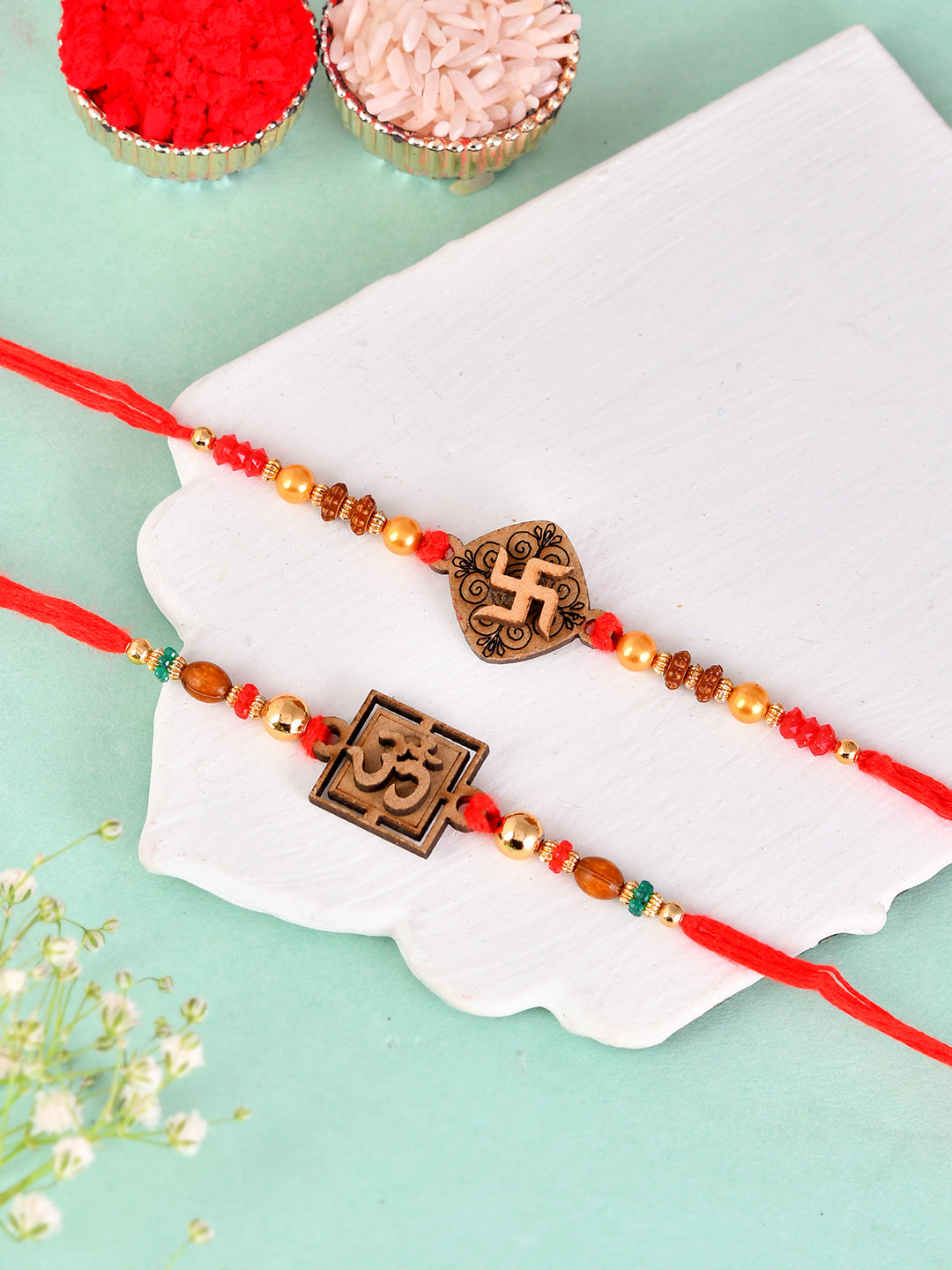 Om & Swastik Wooden Rakhi Set
