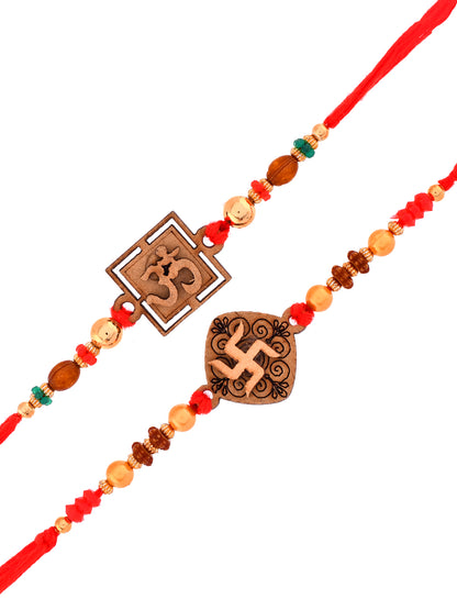 Om & Swastik Wooden Rakhi Set