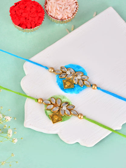 Stone Embellished Blue & Green Designer Rakhi Set