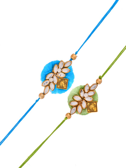 Stone Embellished Blue & Green Designer Rakhi Set