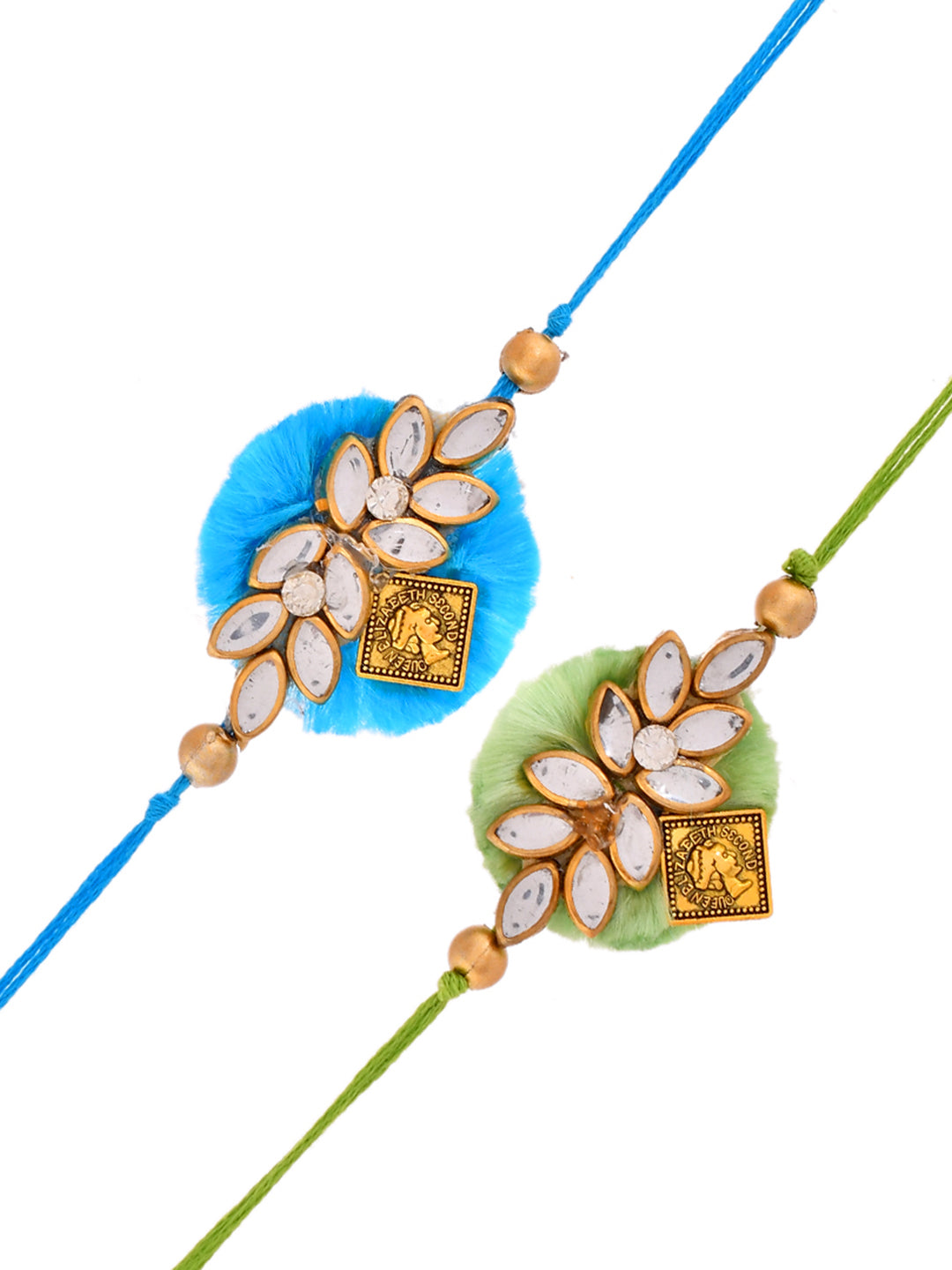 Stone Embellished Blue & Green Designer Rakhi Set