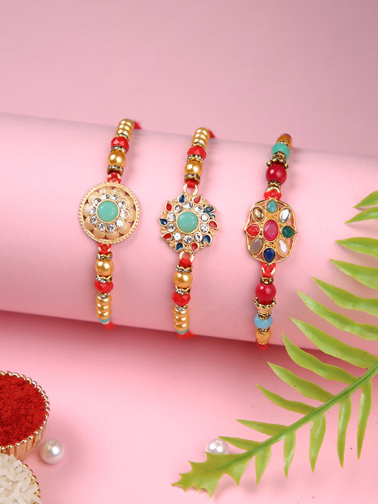 Set Of 3 Exclusively Kundan Enamled Beaded Rakhi