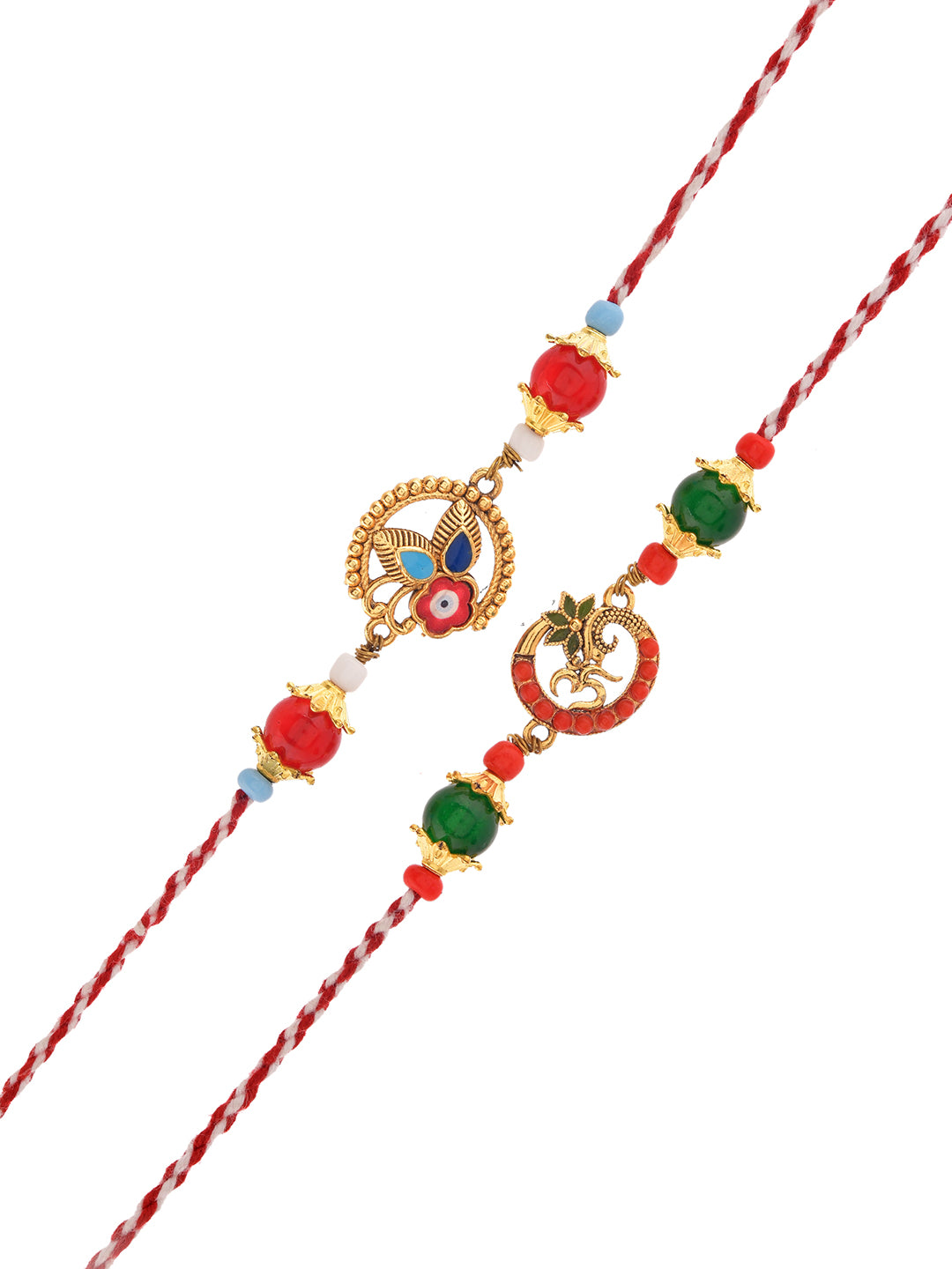 Intricate Floral Enamel Motif Rakhi Set with Ruby and Emerald Toned Accents