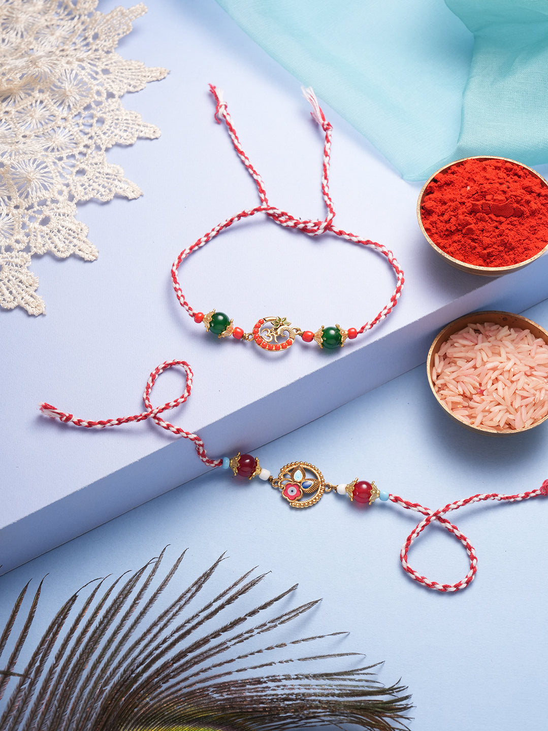 Red Rudraksha Rakhi Set