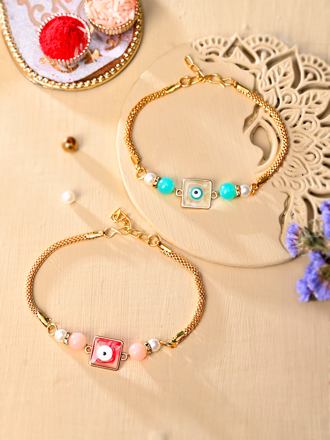 Evil Eyed Multicoloured Set of 2 Chain Rakhi