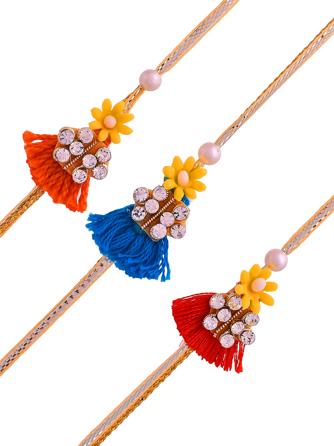 Floral Beads Thread & Stone Work Set of 3 Rakhi