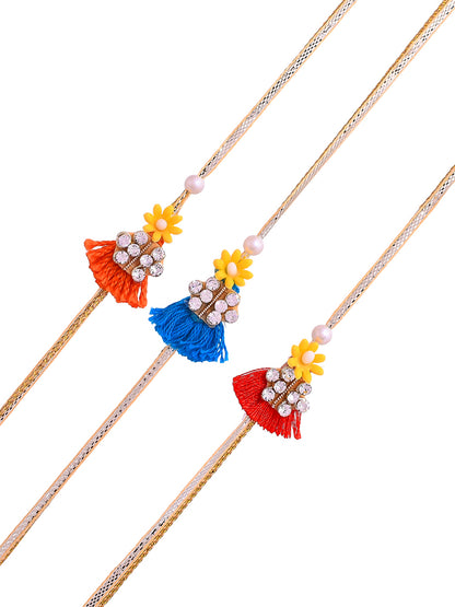 Floral Beads Thread & Stone Work Set of 3 Rakhi