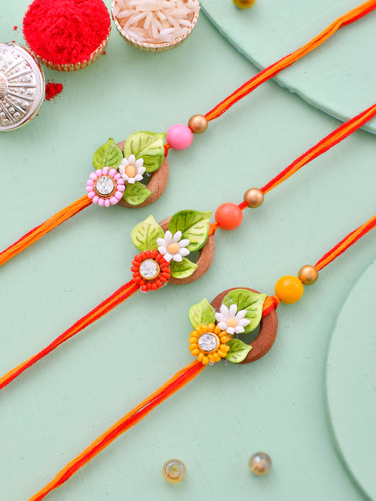 Floral Design Stone Work Set of 3 Rakhi