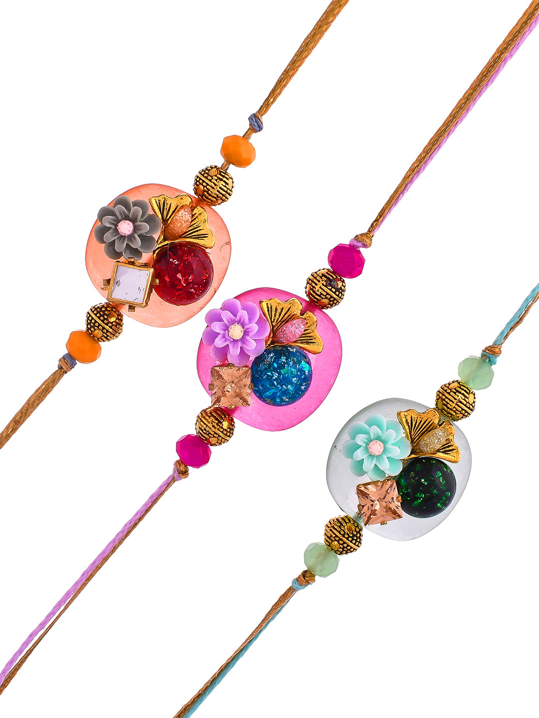 Floral Design Stone Work Set of 3 Rakhi