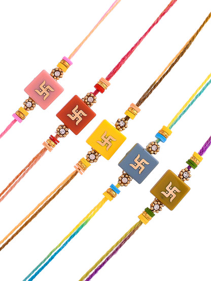 Multicolor Gold Swastik Set of 5 Rakhi