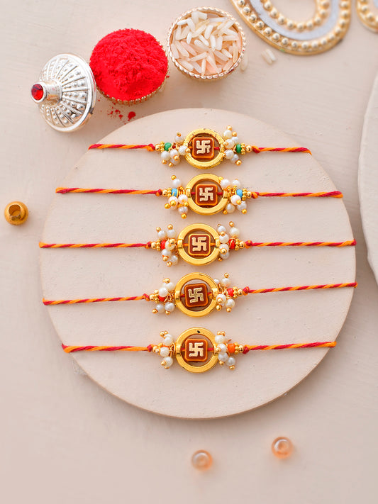 Gold Swastik Bead Work Set of 5 Rakhi