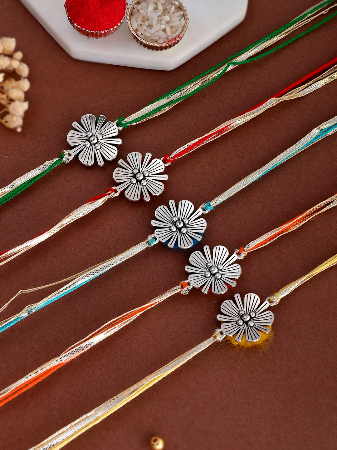 Set of 5 Silver Floral Rakhi