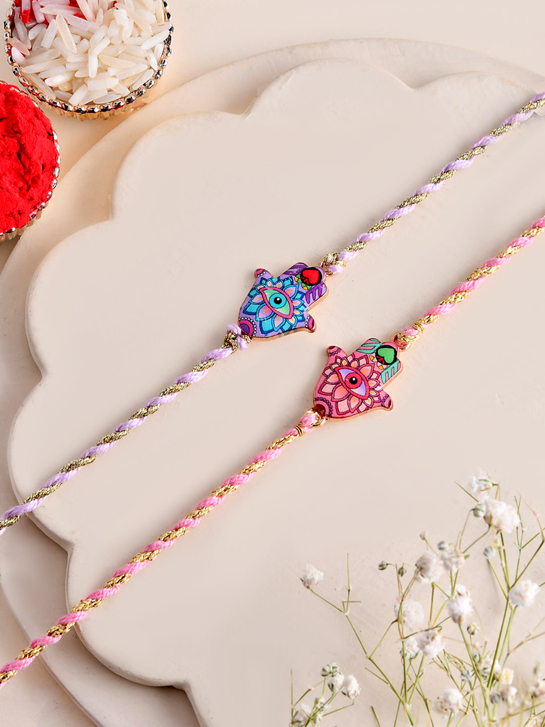 Evil Eye Protection Rakhi Set of 2 with Threadwork Charms