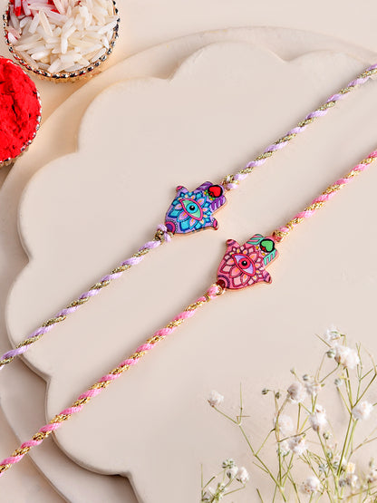 Evil Eye Protection Rakhi Set of 2 with Threadwork Charms